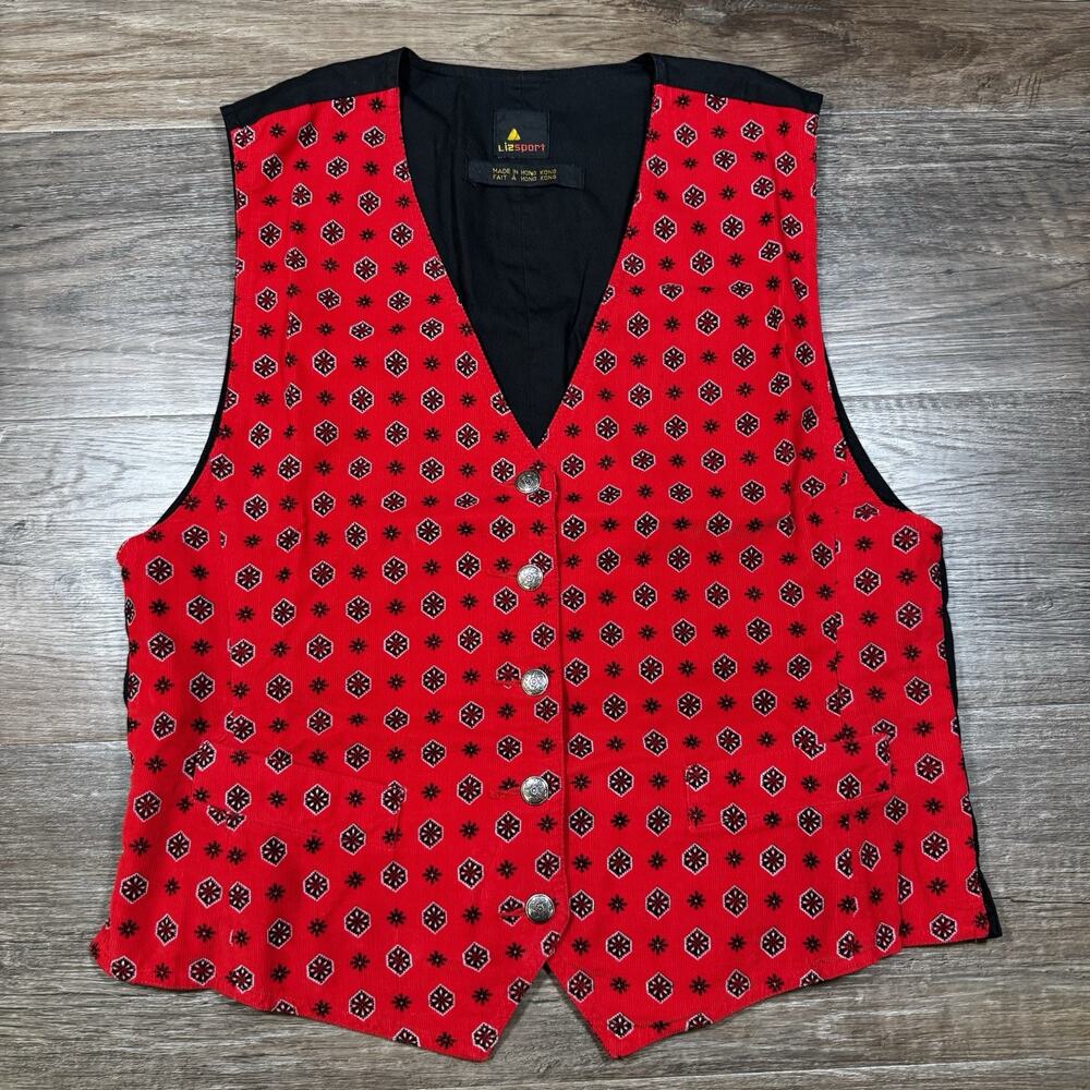Vintage Lizsport Christmas Vest Womens M Red Black Snowflake Cotton Hong Kong